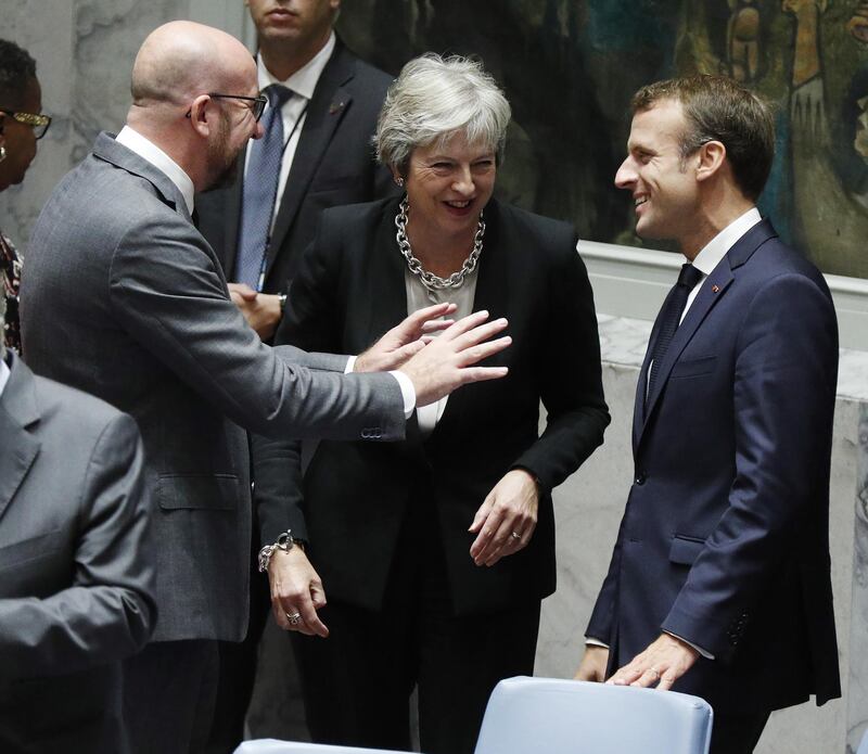 Belgian Prime Minister Charles Michel, British Prime Minister Theresa May and French President Emmanuel Macron before the start of the United Nations Security Council meeting on the sidelines of the General Debate of the General Assembly of the United Nations at United Nations Headquarters.  EPA