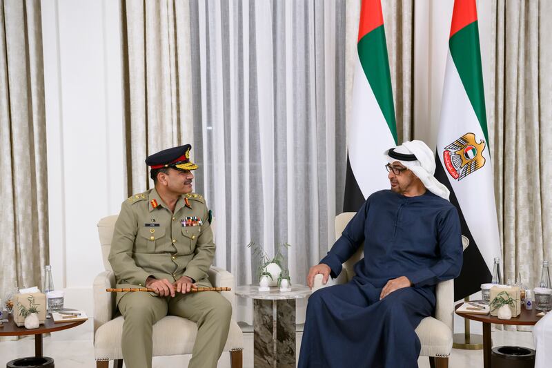 President Sheikh Mohamed receives Gen Asim Munir, Pakistan's Chief of Army Staff, at Al Shati Palace. UAE Presidential Court