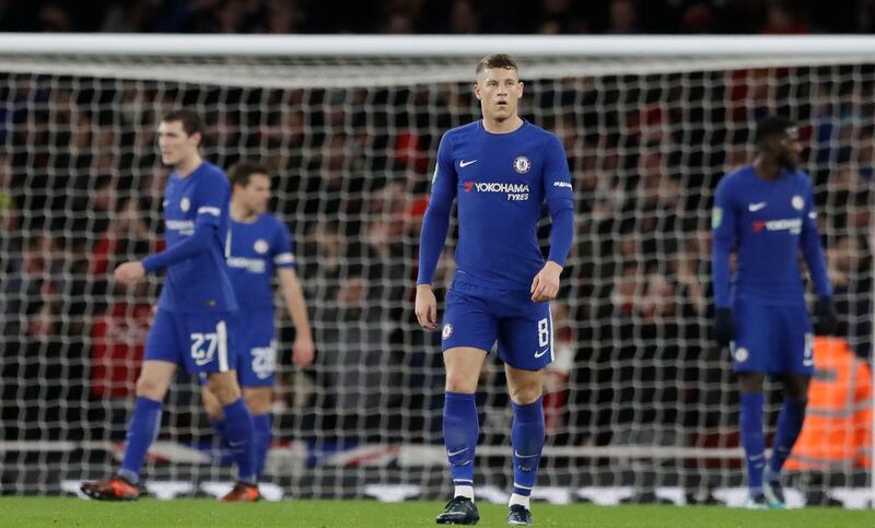 Chelsea's Ross Barkley stands after Arsenal's Granit Xhaka scored his side second goal during the English League Cup semifinal second leg soccer match between Chelsea and Arsenal at the Emirates stadium in London, Wednesday, Jan.24, 2018. (AP Photo/Matt Dunham)