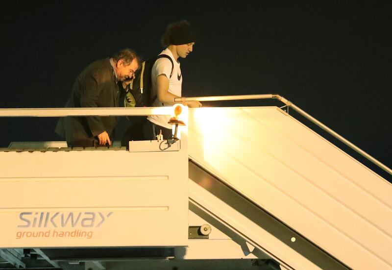 Chelsea defender David Luiz steps off the plane after arriving in Baku. Reuters