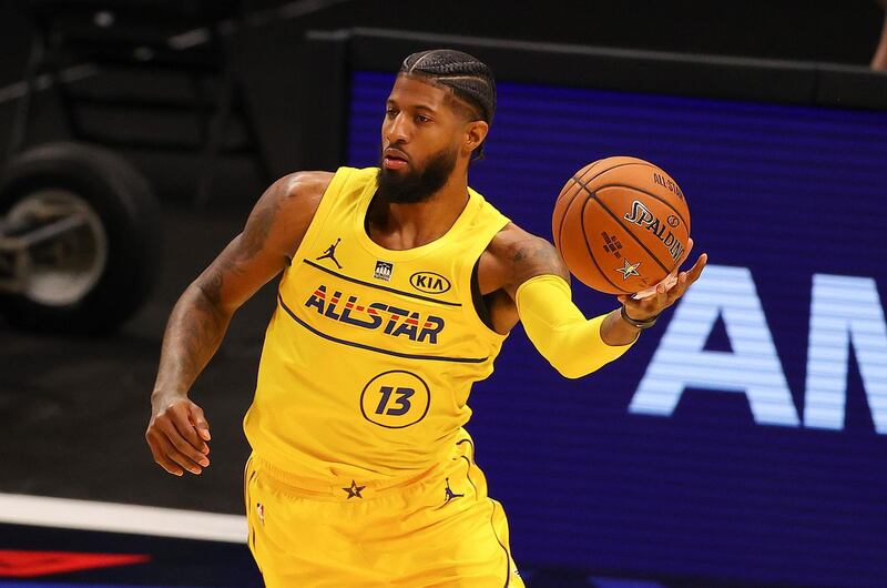 Paul Georgeof Team James handles the ball on offense against Team Durant. AFP