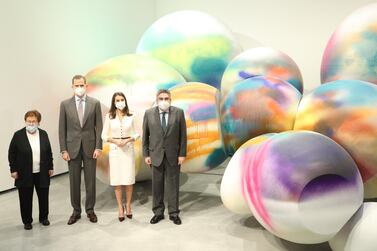 Helga de Alvear , Founder, Helga de Alvear Museum, His Majesty the King of Spain, Felipe VI, Her Majesty Queen Letizia, and José Manuel Rodríguez Uribes, Ministry of Culture and Sport of Spain, pictured at the inauguration of the museum with Faux Rocks (2006). Katharina Grosse 