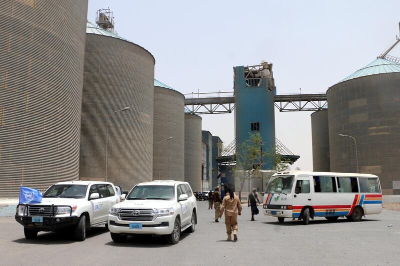 epa07549481 A convoy carrying a team of the UN and the World Food Program drives at the key grain storage silos in the war-torn city of Hodeidah, Yemen, 05 May 2019. According to reports, a team of the UN and the World Food Program visited the key grain storage silos in Yemen's Hodeidah, more than a month after postponing its mission for security reasons, as UN special envoy to Yemen Martin Griffiths arrived at the Houthi-controlled capital Sana'a, in a fresh attempt to put intense pressures on the Houthi rebels to implement a UN-brokered Hodeidah peace deal.  EPA/NAJEEB ALMAHBOOBI