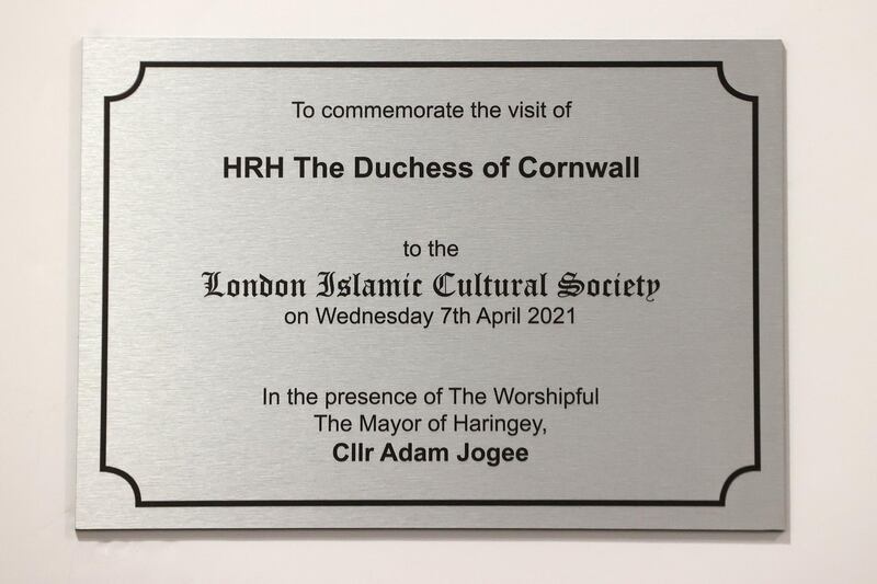 The plaque unveiled to mark the visit of Camilla, Duchess of Cornwall to Wightman Road Mosque on April 7, 2021 in London, England. Getty Images