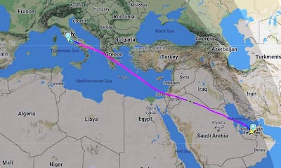 Etihad's eco-flight from Abu Dhabi to Rome made use of flight optimisation and successfully avoided 1,386kg of CO2 through operational efficiencies alone. Courtesy FlightRadar24