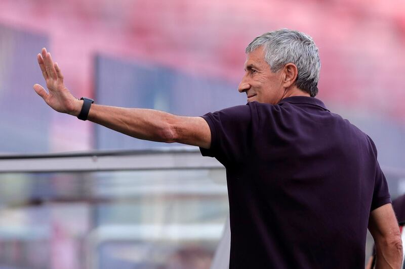 Quique Setien during a training session ahead of Barcelona's Champions League quarter-final against Bayern Munich. Reuters