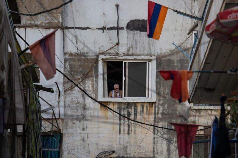 Armenian national flags hang from apartment balconies in the main Armenian district of the northern Beirut suburb of Bourj Hammoud, Lebanon. AP