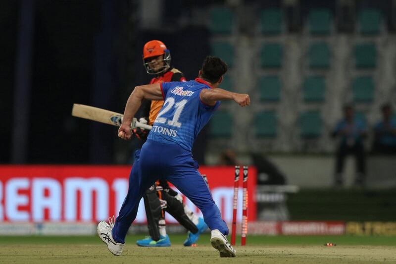 Marcus Stoinis of Delhi Capitals  celebrates the wicket of Priyam Garg of Sunrisers Hyderabad during the qualifier 2 match of season 13 of the Dream 11 Indian Premier League (IPL) between the Delhi Capitals and the Sunrisers Hyderabad at the Sheikh Zayed Stadium, Abu Dhabi in the United Arab Emirates on the 8th November 2020.  Photo by: Pankaj Nangia  / Sportzpics for BCCI