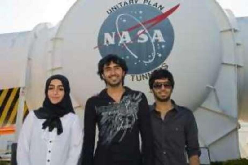 From left to right: Shamma al Qassim, Hazza Bani Malek and Hamad Rajab at the Nasa Ames Research Centre in California.

Courtesy NASA Photo by Eric James.