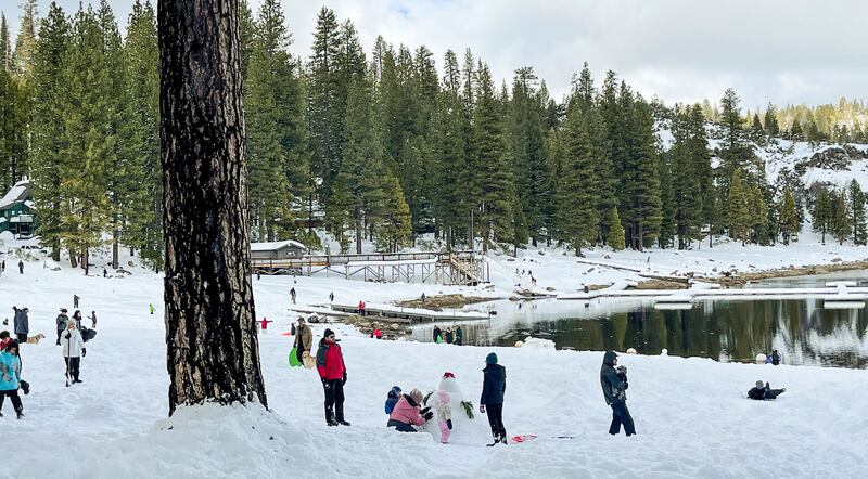 Families walk down to Pinecrest Lake in the Sierra Nevada mountains to play in the fresh snow surrounding the lake. Photo: Shutterstock