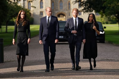 Catherine, Princess of Wales, Prince William, Prince Harry, and Meghan, Duchess of Sussex, on the long Walk at Windsor Castle in September. Getty Images