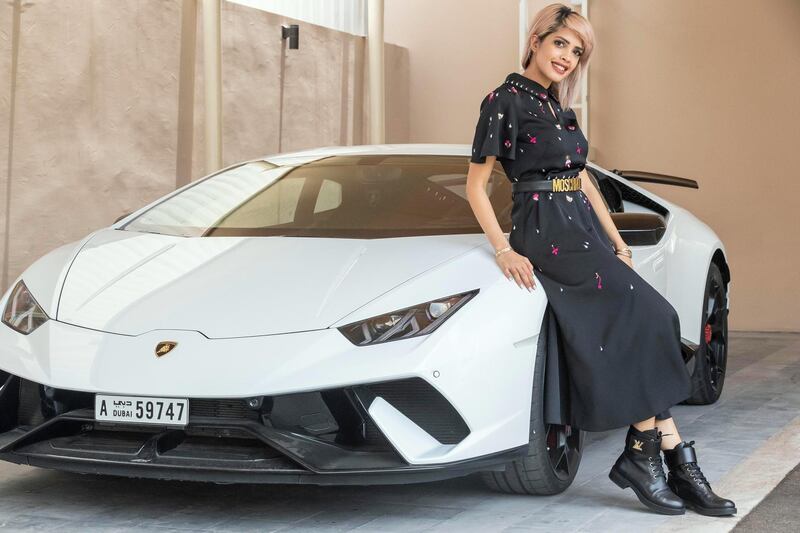 DUBAI, UNITED ARAB EMIRATES. 22 JULY 2018. UAE car enthusiast Maha Mubarak Al Shamsi and her Lamborghini. (Photo: Antonie Robertson/The National) Journalist: Adam Workman. Section: Motoring.