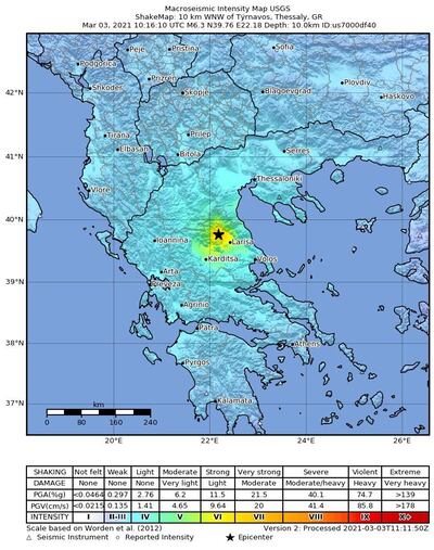 epa09048337 A handout shakemap made available by the United States Geological Survey (USGS) shows the location of a 6.3-magnitude earthquake hitting Tyrnavos, Greece, 03 March 2021.  EPA/USGS HANDOUT  HANDOUT EDITORIAL USE ONLY/NO SALES HANDOUT EDITORIAL USE ONLY/NO SALES