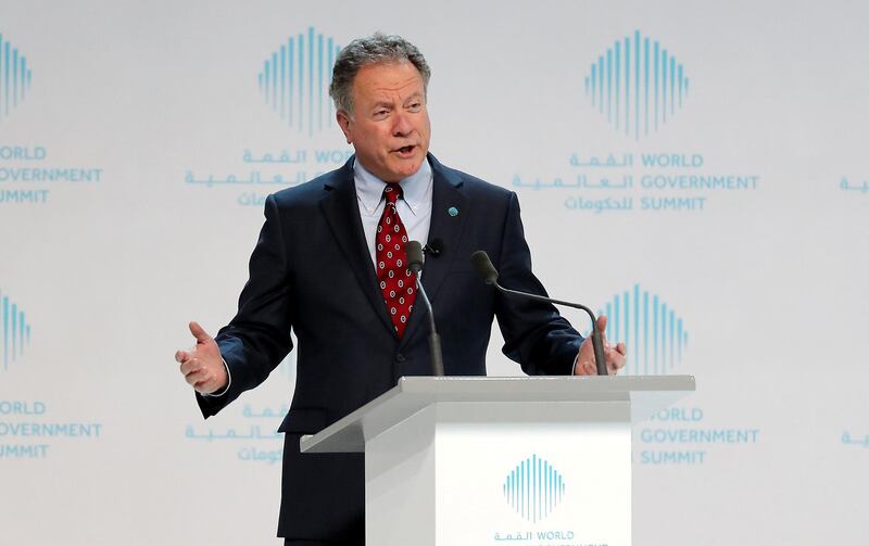 DUBAI , UNITED ARAB EMIRATES , FEB 11  – 2017 :- David Beasley , World Food Programme Executive Director speaking on the first day of World Government Summit 2018 held at Madinat Jumeirah in Dubai. ( Pawan Singh / The National ) For News