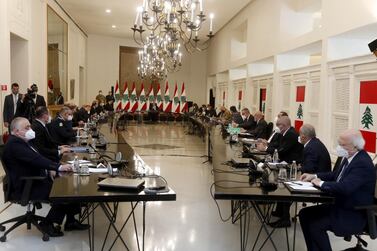 Lebanon's President Michel Aoun heads a meeting with Lebanese officials to discuss ways of tackling smuggling, at the presidential palace in Baabda, Lebanon April 26, 2021. 