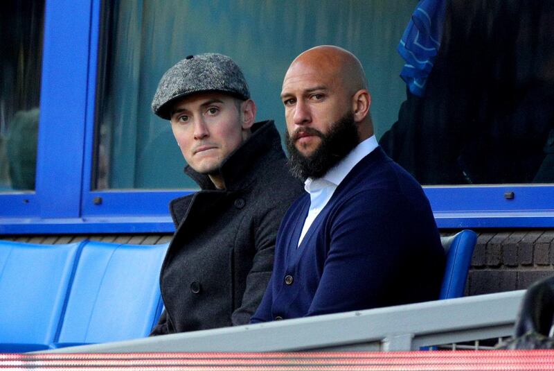 Former Manchester United and Everton goalkeeper Tim Howard watches the match from the stands at Goodison Park. PA