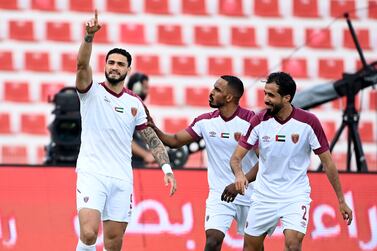 Joao Pedro celebrates his opening goal. The Brazilian scored twice in Al Wahda’s 3-1 win over Shabab Al Ahli in the Adnoc Pro League matchweek-18 at the Rashid stadium in Dubai on Friday, March 4, 2022. - PLC