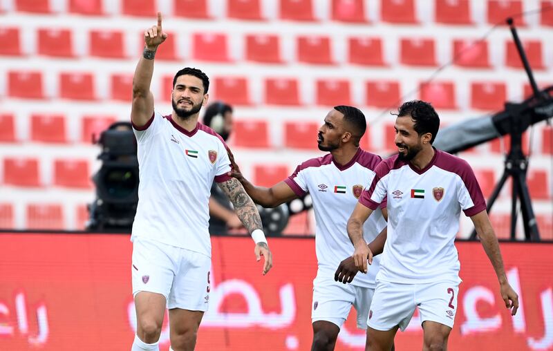 Joao Pedro celebrates his opening goal for Al Wahda in the 3-1 win over Shabab Al Ahli in the Adnoc Pro League. Photo: PLC