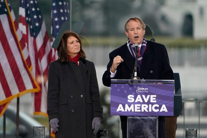 Texas Attorney General Ken Paxton speaks in support of Mr Trump at a previous Save America Rally in Washington. AP