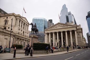 The Bank of England headquarters in the City of London. It has left interest rates on hold at 5.25%. Bloomberg