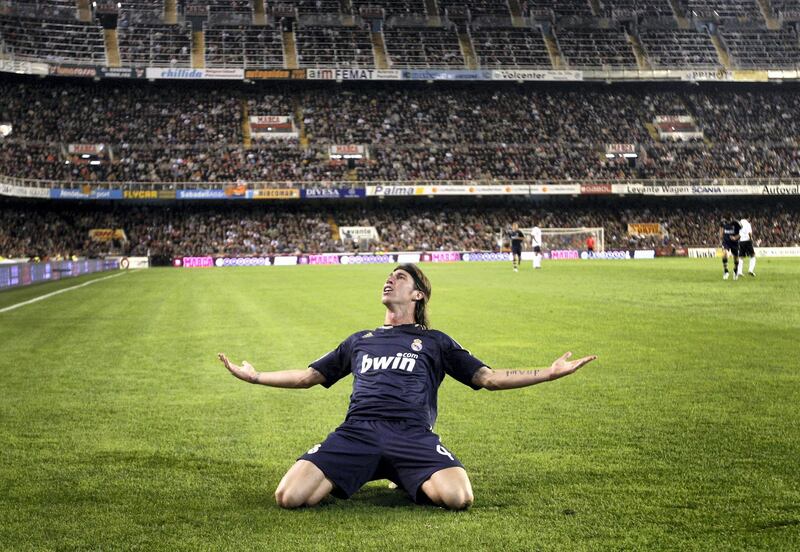 VALENCIA, SPAIN - OCTOBER 31:  Sergio Ramos of Real Madrid celebrates his goal during La Liga match between Valencia and Real Madrid at the Mestalla Stadium on October 31, 2007 in Valencia, Spain.  (Photo by Jasper Juinen/Getty Images)