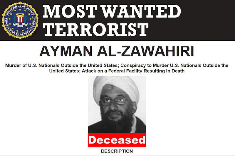 This handout image provided by the FBI on Tuesday shows a poster of Al Zawahiri after he was killed in a US counterterrorism operation. AFP