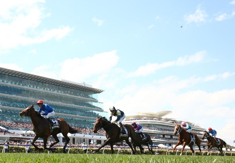 Kerrin McEvoy rides #23 Cross Counter to give Godolphin their first ever win in the Melbourne Cup on Tuesday. Getty