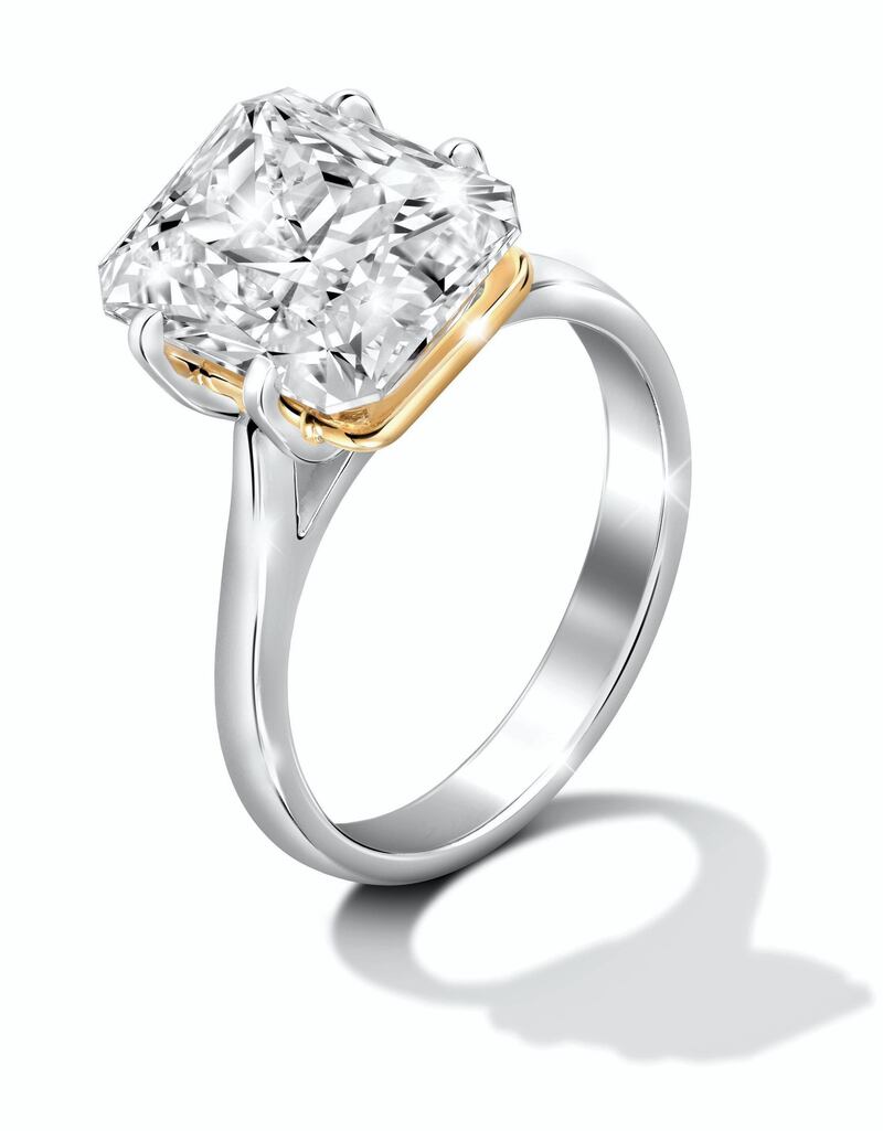 Aussie ring with a 3.60-carat octagon radiant-cut stone&nbsp;set in 18K white gold and yellow gold, from Gordon Max; Dh10,700