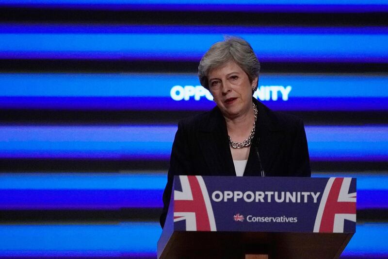 BIRMINGHAM, ENGLAND - OCTOBER 03:  British Prime Minister Theresa May delivers her leader's speech during the final day of the Conservative Party Conference at The International Convention Centre on October 3, 2018 in Birmingham, England. Theresa May delivered her leader's speech to the 2018 Conservative Party Conference today. Appealing to the "decent, moderate and patriotic", she stated that the Conservative Party is for everyone who is willing to "work hard and do their best". This year's conference took place six months before the UK is due to leave the European Union, with divisions on how Brexit should be implemented apparent throughout.  (Photo by Christopher Furlong/Getty Images)