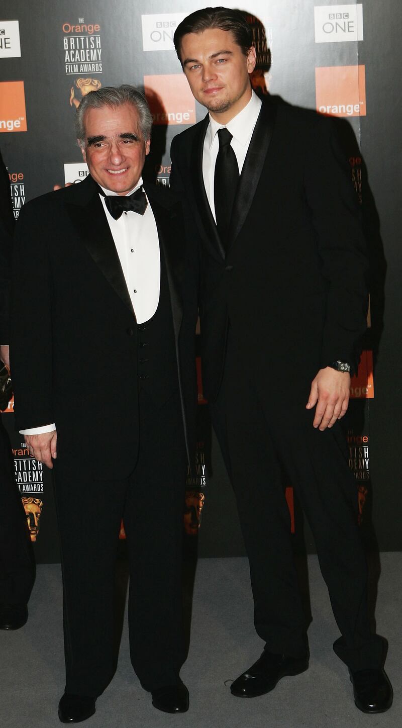 LONDON - FEBRUARY 12:  Director Martin Scorsese (L) poses in the Awards Room with actor Leonardo DiCaprio after "The Aviator" won the award for Best Film at The Orange British Academy Film Awards 2005 at the Odeon Leicester Square on February 12, 2005 in London.  (Photo by Gareth Cattermole/Getty Images) 