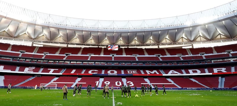 Atletico Madrid's players in action during a training session at Wanda Metropolitano Stadium in Madrid. EPA
