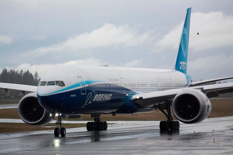 The Boeing 777X airplane taxis for the first flight, which had to be rescheduled due to weather, at Paine Field in Everett, Washington, on January 24, 2020. AFP