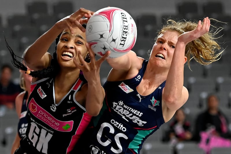 Adelaide Thunderbirds' Shamera Sterling battles with Tegan Philip of the Melbourne Vixens during the Super Netball match at Nissan Arena in Brisbane, Australia, on Wednesday, August 26. Getty