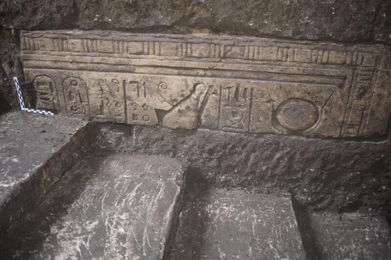 A large limestone lintel with hieroglyphs carved into it. The lintel was unearthed at Egypt's Tel El Farain archaeological site.