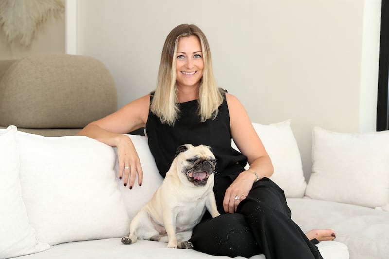 British furniture designer Amy Durnford and her husband Fred bought a three-bedroom villa for Dh4.4 million in Dubai's Meadows community where they live with their daughter, Bonnie, and Puggy the dog. All photos: Pawan Singh / The National