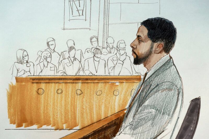 A courtroom sketch of Smollett taking the stand in his defense on December 6. AP