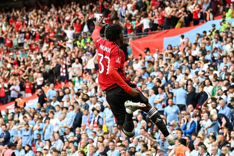 Manchester United midfielder Kobbie Mainoo celebrates after scoring his team's second goal. AFP