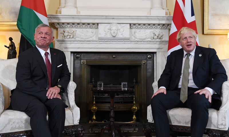 Britain's Prime Minister Boris Johnson, right, with Jordan's King Abdullah, at 10 Downing Street in London. EPA