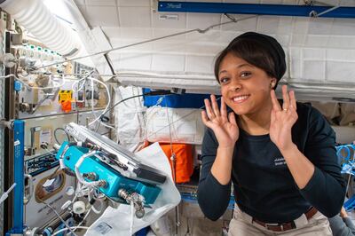 Saudi astronaut Rayyanah Barnawi shows off her grandmother's earrings in space. Photo: Rayyanah Barnawi / X