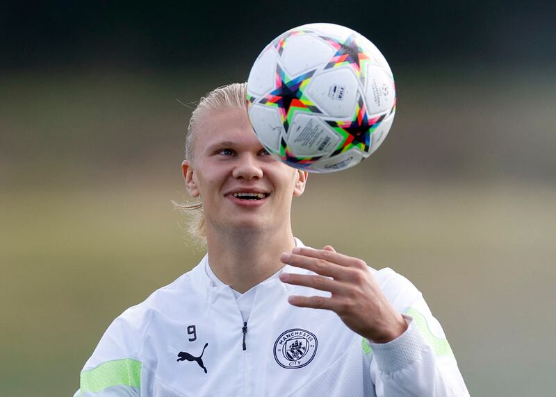Manchester City striker Erling Haaland during training on the eve of their Champions League game against Sevilla. Reuters