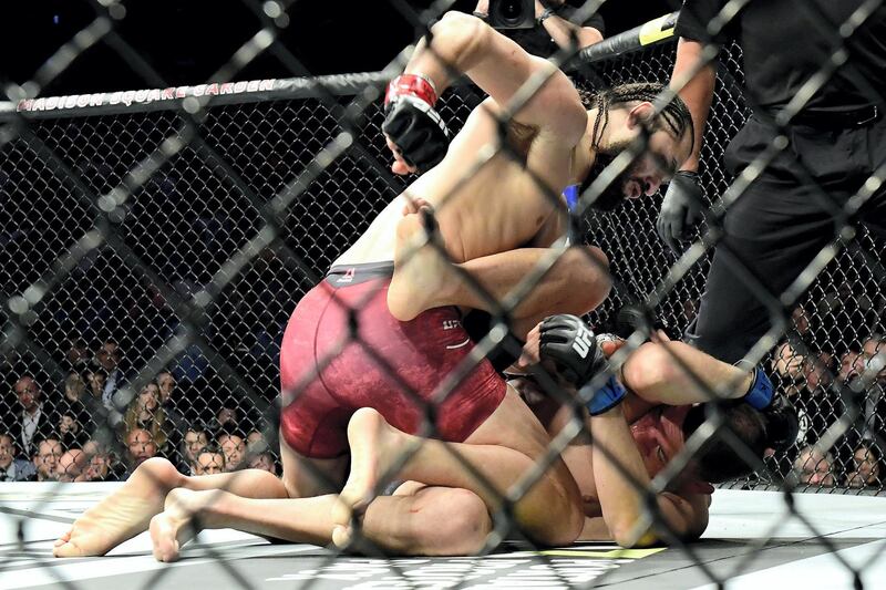 NEW YORK, NEW YORK - NOVEMBER 02: Nate Diaz of the United States (R) fights against Jorge Masvidal of the United States in the Welterweight "BMF" championship bout during UFC 244 at Madison Square Garden on November 02, 2019 in New York City. (Photo by Steven Ryan/Getty Images)