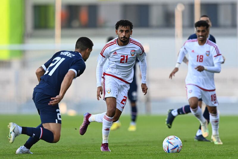 Harib Abdallah on the ball during the UAE's friendly against Paraguay in Austria. Photo: UAE FA