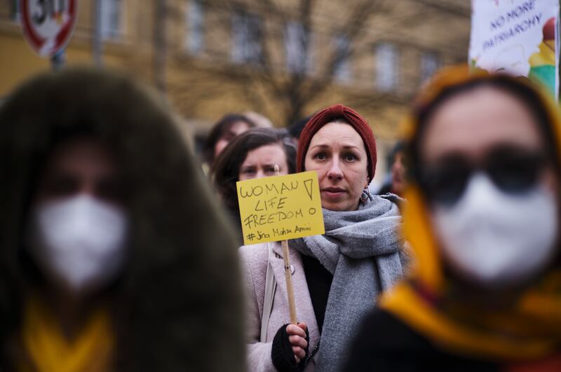 Protesters rally in support of the women of Iran on International Women's Day in Berlin. AP