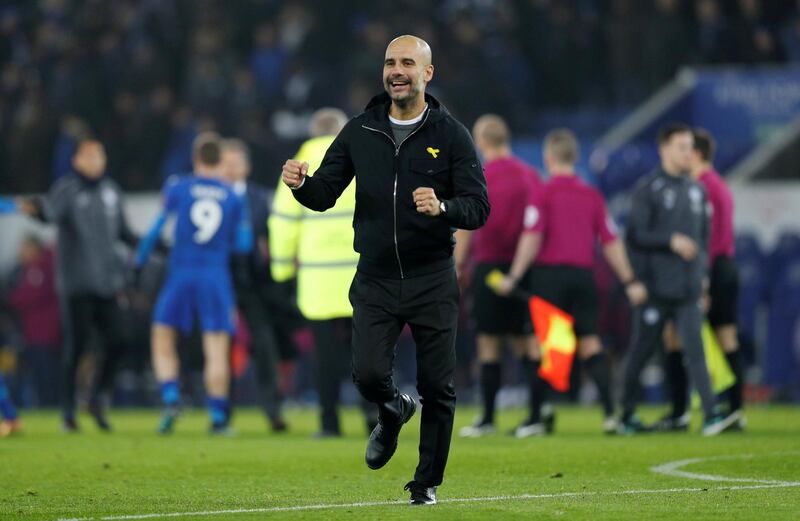 Soccer Football - Carabao Cup Quarter Final - Leicester City vs Manchester City - King Power Stadium, Leicester, Britain - December 19, 2017   Manchester City manager Pep Guardiola celebrates winning the penalty shootout   REUTERS/Darren Staples    EDITORIAL USE ONLY. No use with unauthorized audio, video, data, fixture lists, club/league logos or "live" services. Online in-match use limited to 75 images, no video emulation. No use in betting, games or single club/league/player publications.  Please contact your account representative for further details.