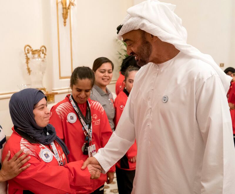 Sheikh Mohamed greets UAE Special Olympic athletes. Photo: Special Olympics UAE 