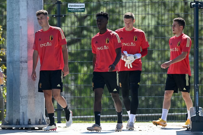 Belgian player Albert Sambi Lokonga, second left, during training for Euro 2020. AFP