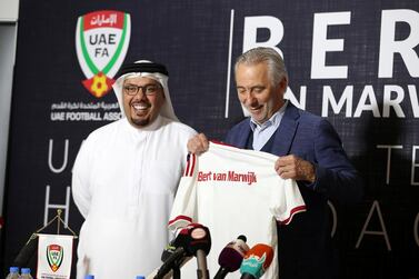 Bert Van Marwijk, right, was presented as the new UAE manager on a three year deal. Pawan Singh / The National