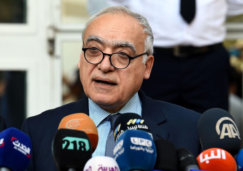 Ghassan Salame, special representative to the Secretary General of the United Nations for Libya, holds a press conference in the Tunisian capital Tunis on October 21, 2017. / AFP PHOTO / FETHI BELAID