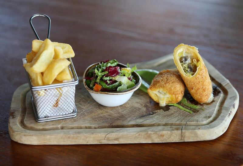 Crispy pancakes filled with leek, mushroom and cheese at The Scene restaurant in Pier 7 in Dubai Marina in Dubai. Pawan Singh / The National