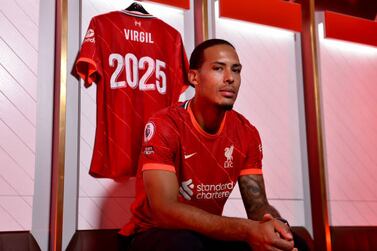 KIRKBY, ENGLAND - AUGUST 13: (THE SUN OUT, THE SUN ON SUNDAY OUT) Virgil van Dijk of Liverpool after signing a new contact for Liverpool Football Club at Anfield on August 13, 2021 in Kirkby, England. (Photo by Andrew Powell / Liverpool FC via Getty Images)